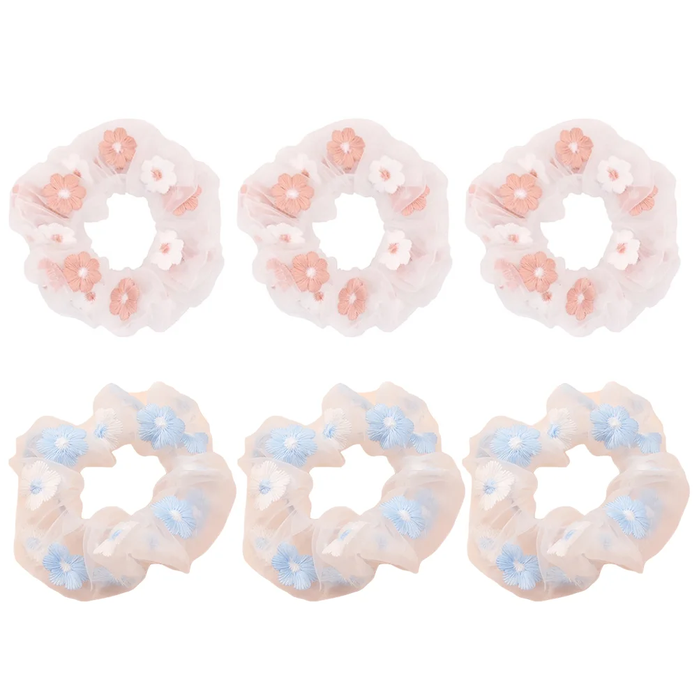 

6 Pcs Embroidered Flower Hair Tie Tape Hairpin Fluffy Bunny Keychain Gauze Headgear