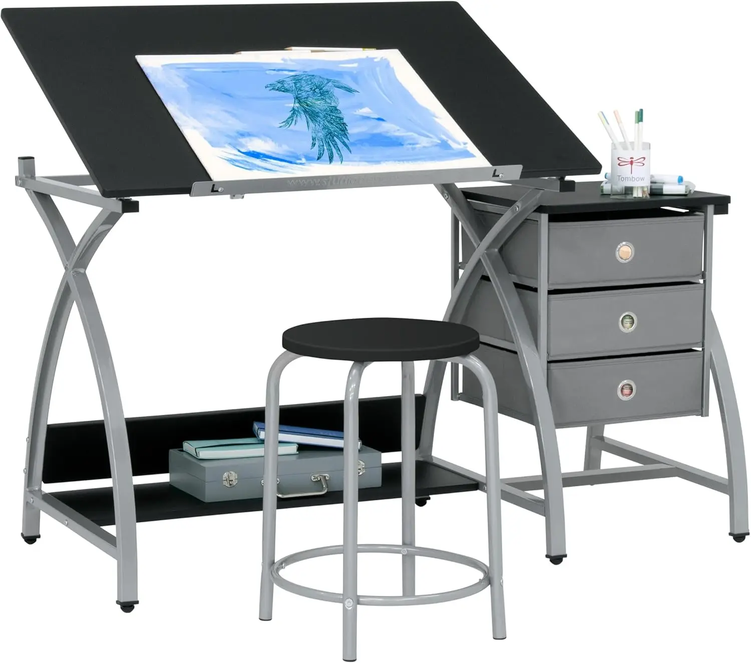 

SD STUDIO DESIGNS 2 14 Piece Comet Center Plus, Craft Table and Matching Stool Set with Storage and Adjustable Top