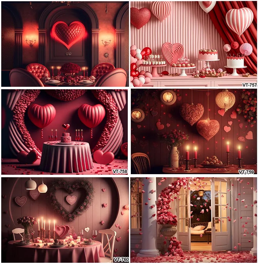 

Valentine's Day Candlelight Dinner Romantic Mood Backdrops Photographic Red Love Heart Flowers Backgrounds Snack Wedding Party