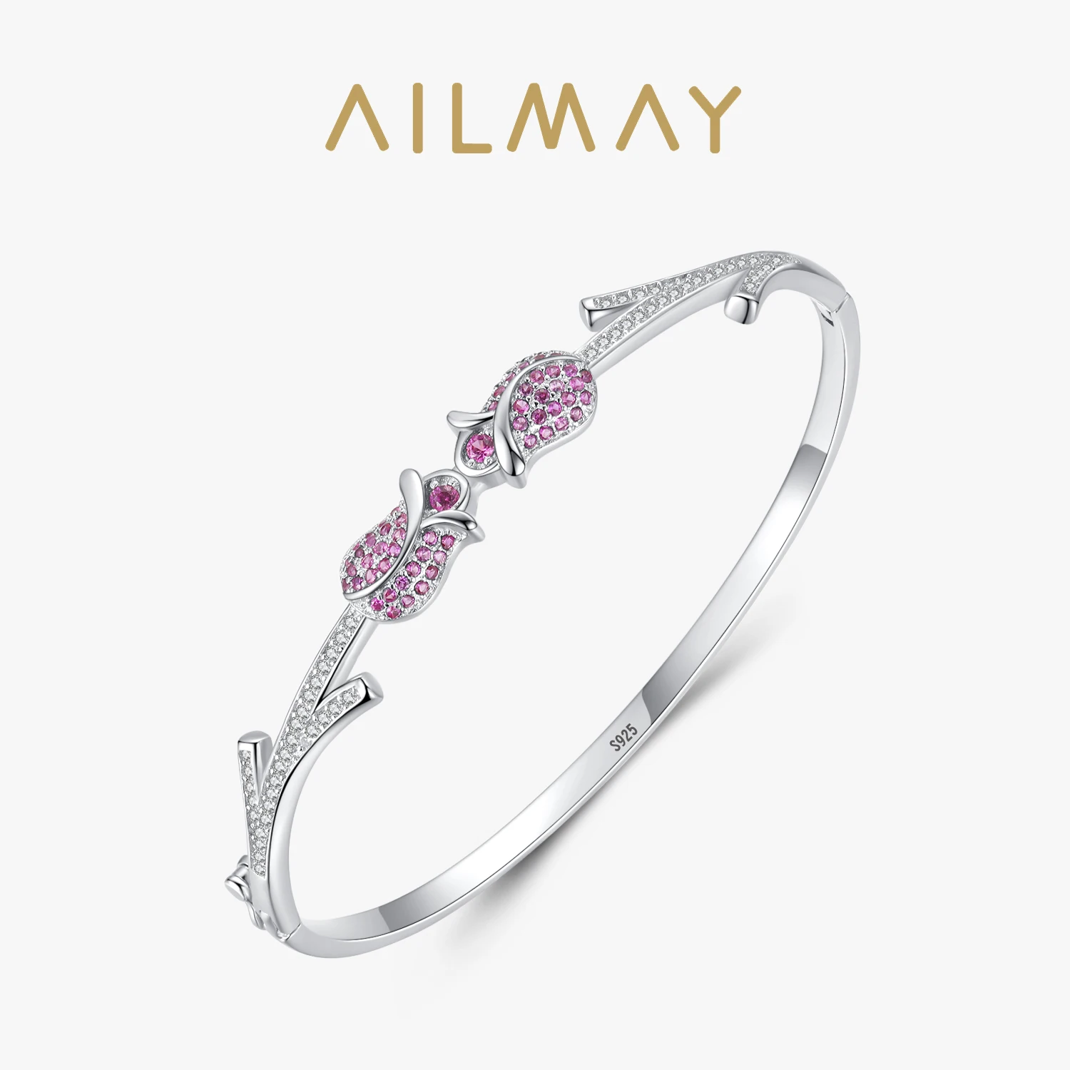 Ailmay autentyczne 925 Sterling Silver Fashion elegancka różowa przezroczysta cyrkonia Rose Flower bransoletki dla kobiet romantyczna biżuteria ślubna
