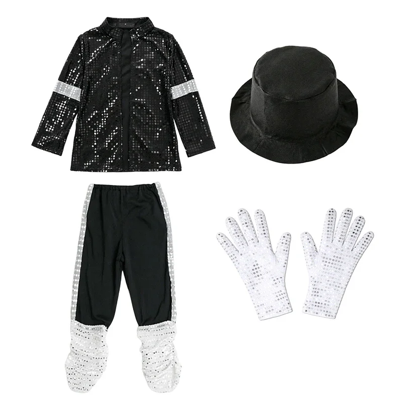 Retro-Pop-Bühnenkostüm für Jungen, Schwarzes Pailletten-Cosplay-Set, Jacke und Hose, Kinder-Outfit für Halloween, Geburtstag, Karneval, Rollenspiel, Verkleidung – Detail 2