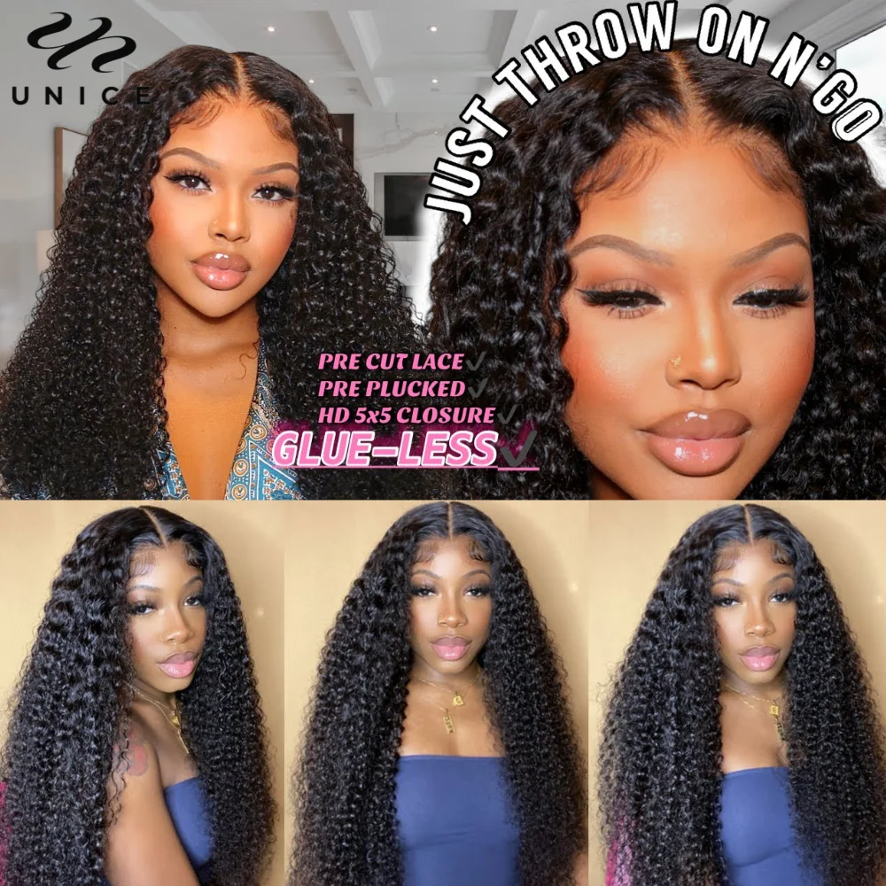 Unice 5x5 HD Lace Wig 100% Human Hair Natural Curly Glueless Wig Pre Cut Pre Bleached Pre Plucked Human Hair Lace Front Wig