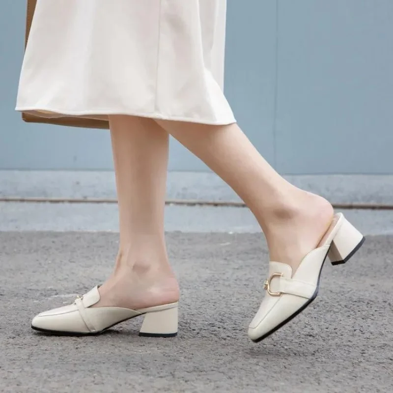 

Mid-heel Slippers for Women (3-5cm) | Chunky Heel Rubber Sole PU Leather Mules