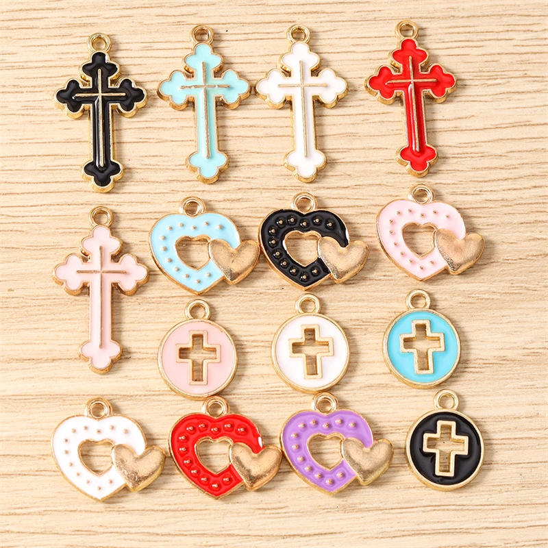 10 Stück Niedliche Gemischte Emaille-Anhänger mit Kreuz und Herz, Passend für Halsketten, Ohrringe, Armbänder, DIY-Handwerk, Schmuckherstellung, Zubehör – Detail 1