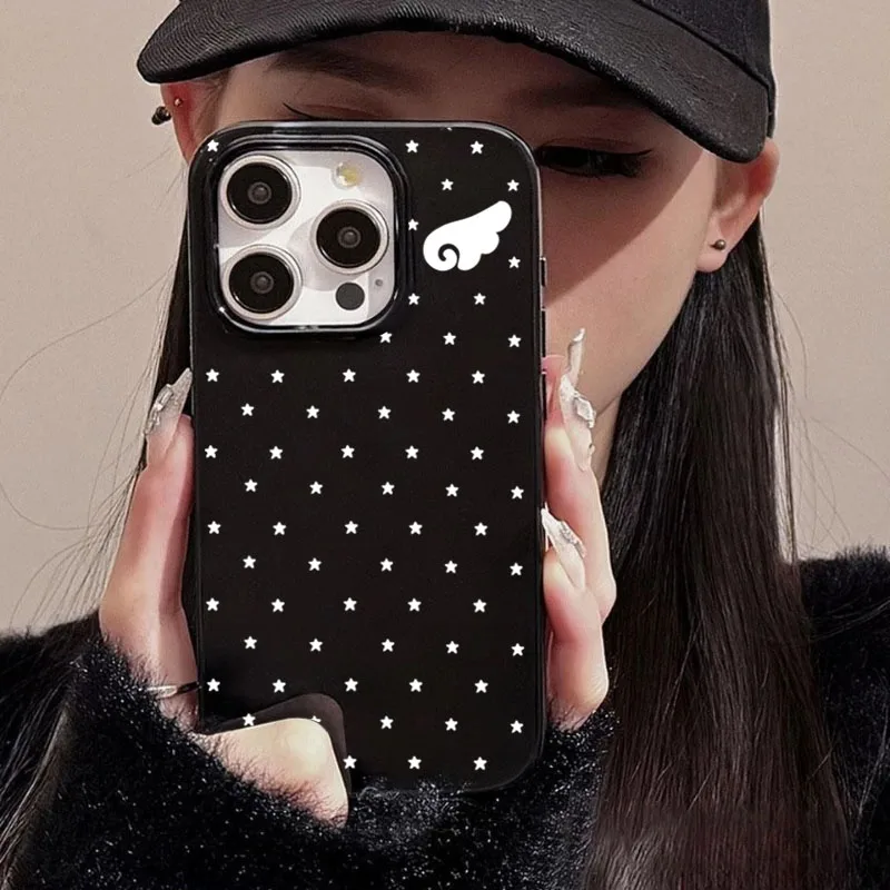 Cute Star Angel Wings Black Side Phone Case For iPhone 15 Pro Case iPhone 16 14 Plus 12 11 17 Pro Max 13 X XS XR 7 8 Plus Fundas