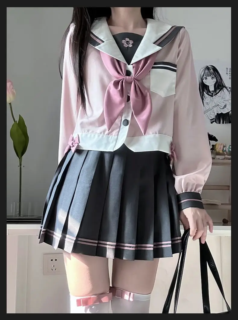 Japanischer JK-Kurzrock-Anzug, Mädchen-Cosplay, rosa, marineblauer Kragen, College-Stil, Matrosenanzug, Schleife, süße High-School-Schülerin-Uniform – Detail 6