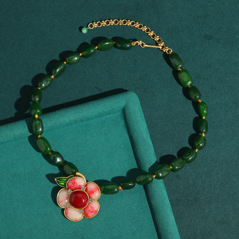 

Vintage Green Glass Pink Flower Pendant Necklace Chain Beads Jewelry Luxury For Woman 2026 New Trends Birthday Party Gifts Brand