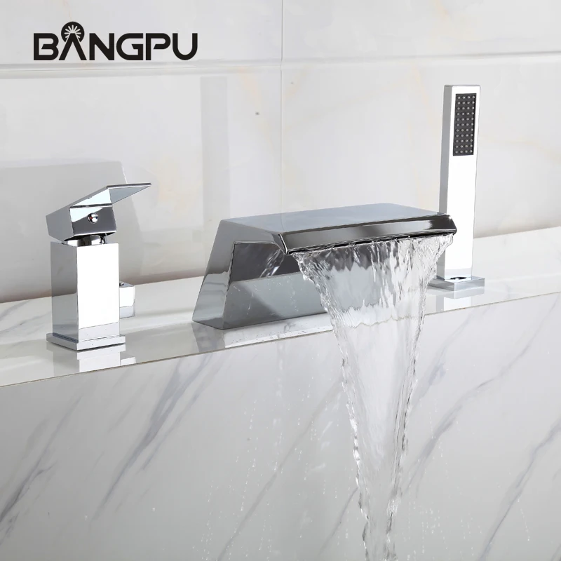 

Waterfall Bath Tub Faucet Kit with Handheld Shower Chrome Three Hole Bathtub Faucet Set Roman Tub Faucet Set with Hand Shower