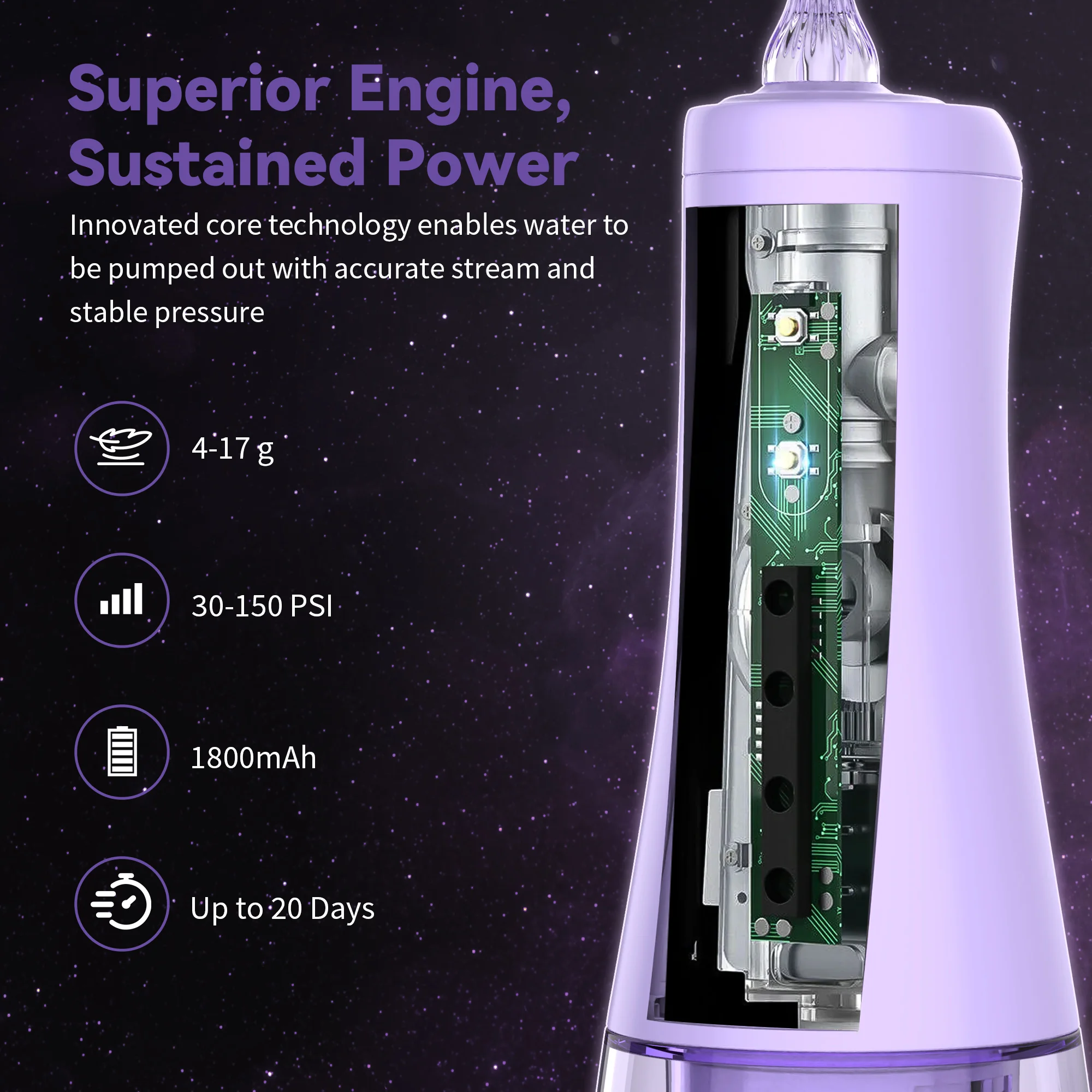 Dental Water Flosser Teeth Pick Oral Irrigator 5 Modes 6 Replaceable Jet Tips 350ml Tank for Teeth Cleaning,Purple