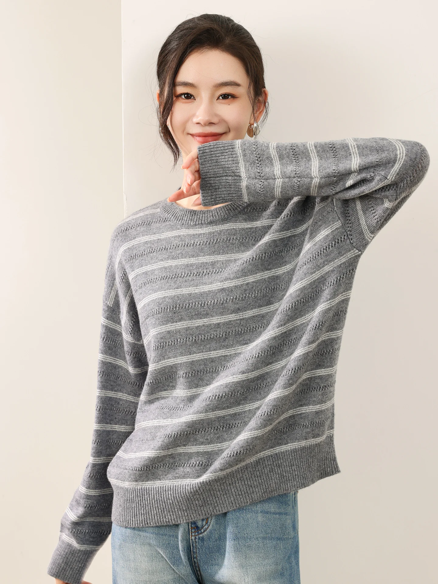 

High Quality 100% Merino Wool Women's Sweater New Autumn Winter Female Knitwear Striped Pullover Lady Long Sleeve Clothing Tops