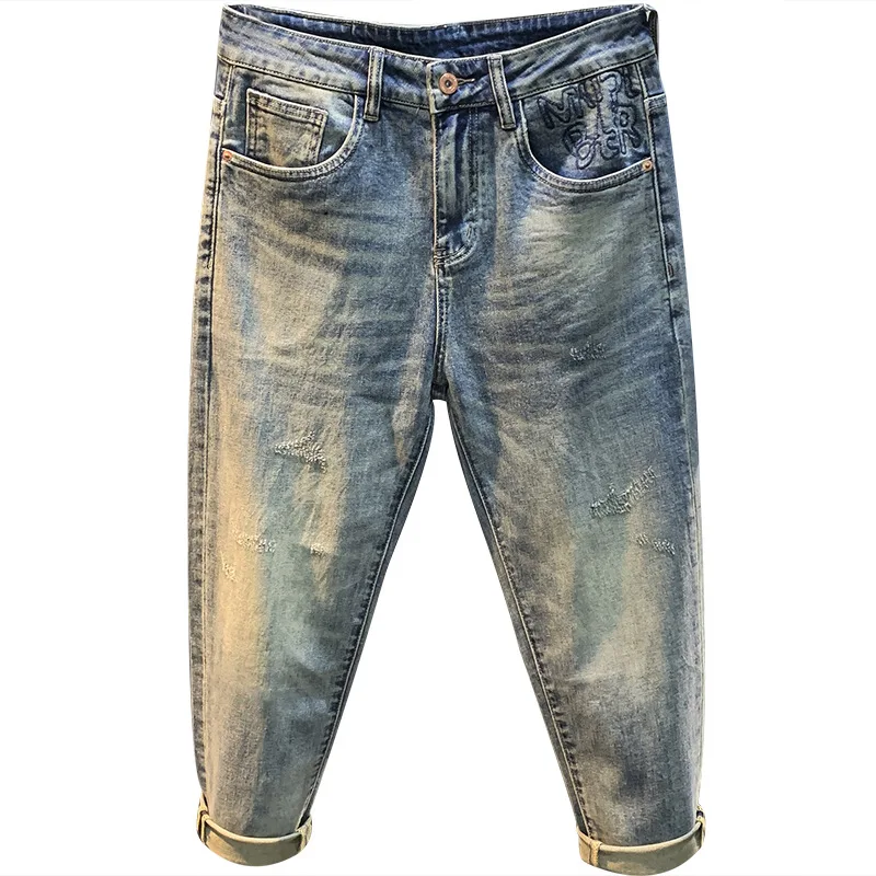 Jeans d'été brodés à carillons fins pour hommes, bleu clair rayé, pantalon sarouel court décontracté, haut de gamme