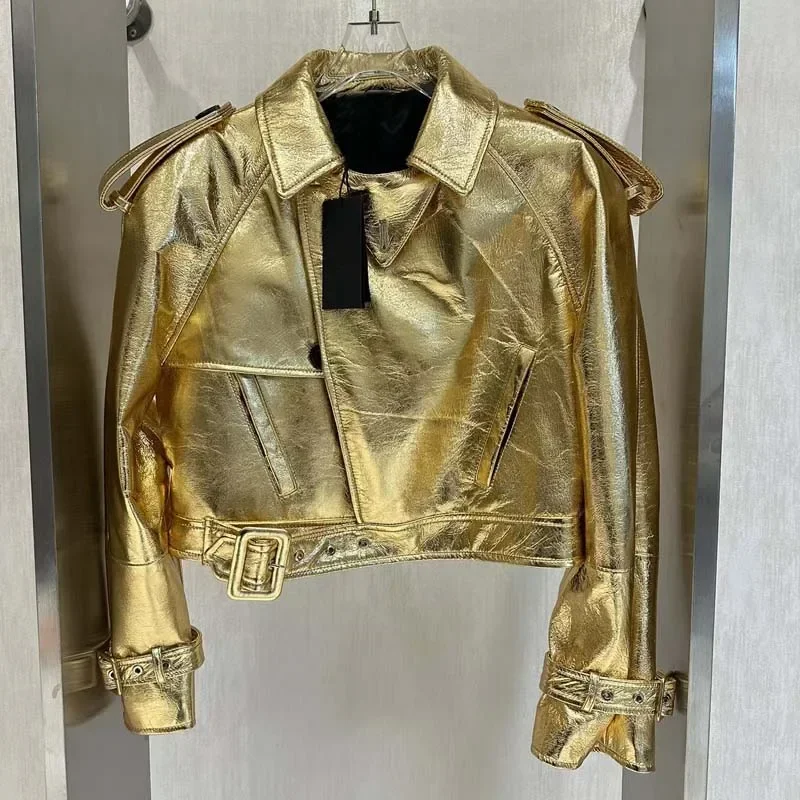 Giacca da donna in vera pelle dorata, manica corta con spalle scoperte, colletto rovesciato, cappotto alla moda primavera autunno