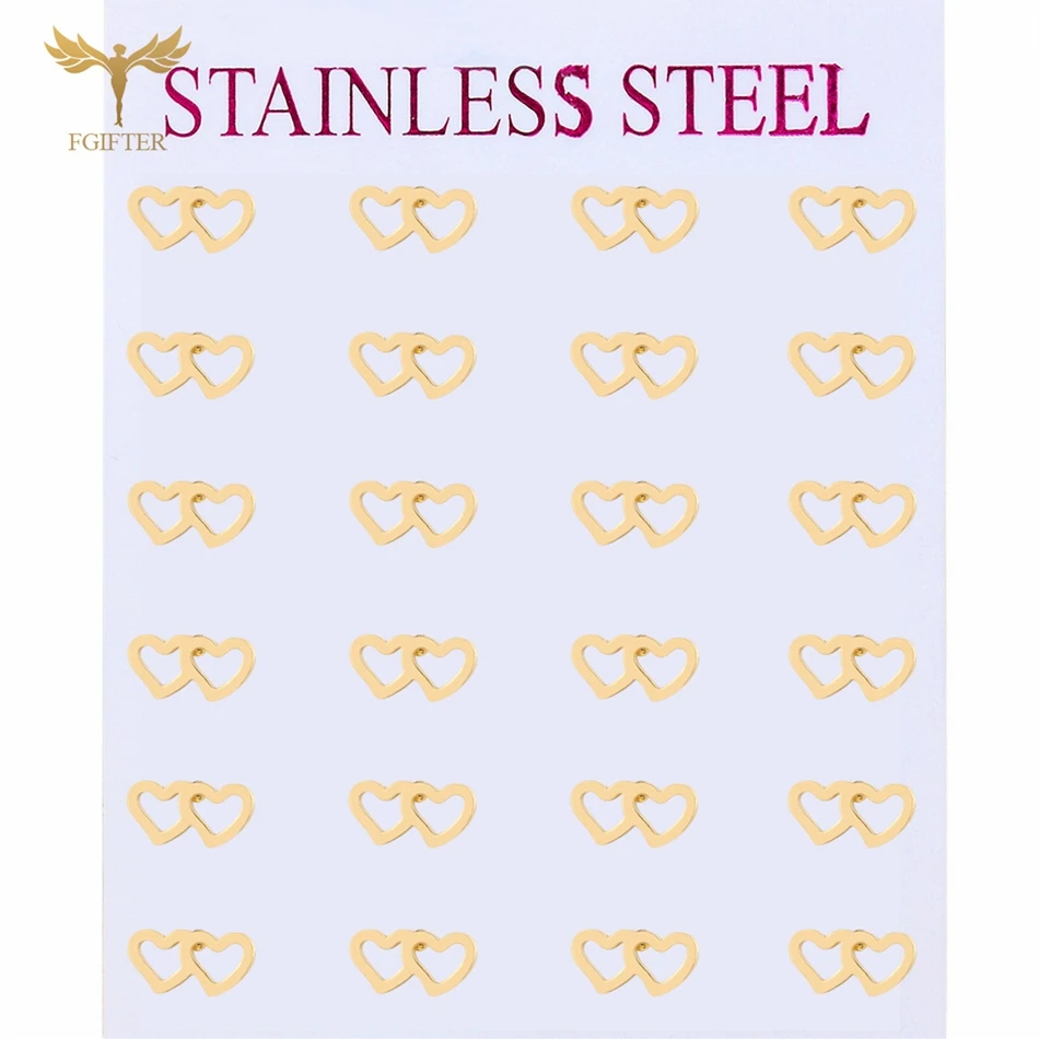 Fashion Women Earrings 2 Hearts Connected Ear Studs Golden Stainless Steel Jewelry Wholesale for Resale 12 Pairs Wedding Gifts