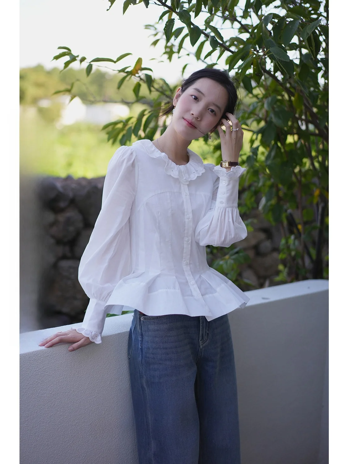 

Женская блузка Ele Long Sve с вышивкой Roro eep ZhanziXuan Yueya Wan, плиссированным дизайном, утягивающая, из хлопковой ткани