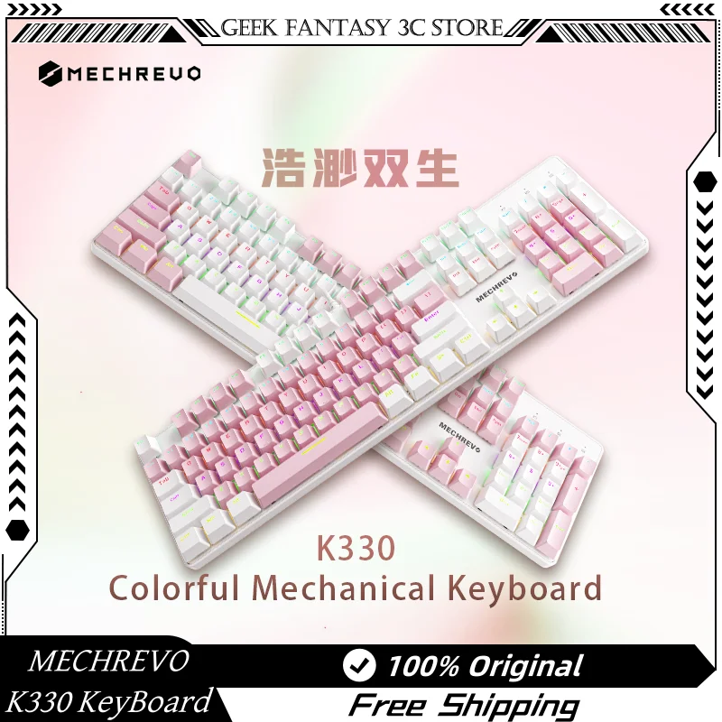 New Mechrevo K330 Wired Mechanical Keyboard Metal Panel 104 Key Mixed Color Backlight Color Cyan Switch Pink Gaming Keyboard