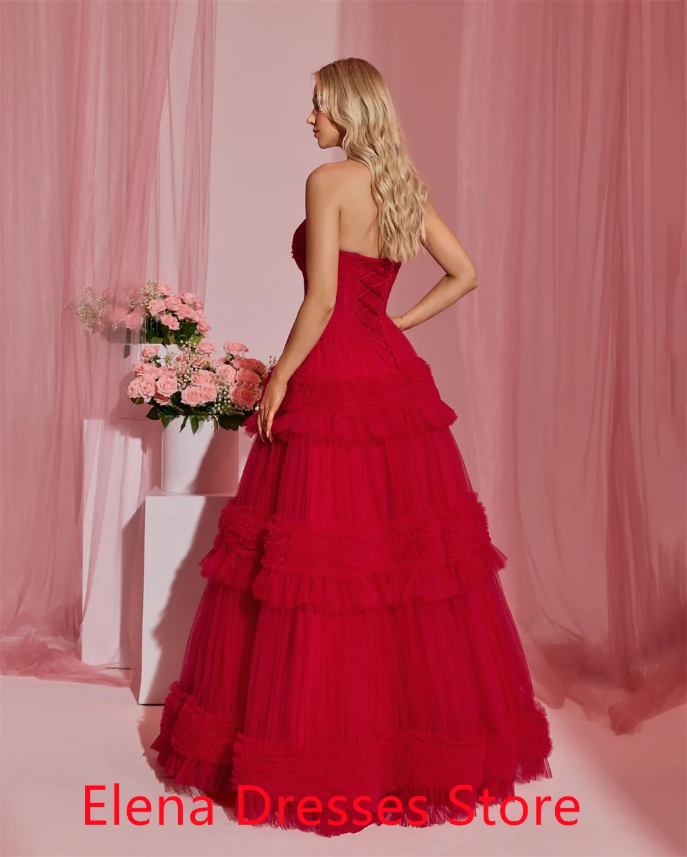 

Customized Temperament Red Tulle Cocktail Dress Classic Strapless Tiered Ball Gowns Lace Up Back Customized Vestido De Festa