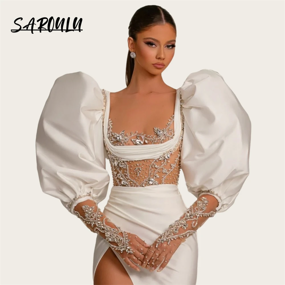 Ivory Puff Sleeves Sexy Long Evening Dress For Women 2024 Illusion Beaded Long Sleeves Prom Dresses With High Slit Party Gown