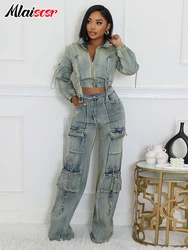 Mlaiscsr Vintage Stretch Denim 2 Piece Pants Sets Women Zip Slim Jackets and Pocket Cargo Jeans Outfit Streetwear Winter Suits