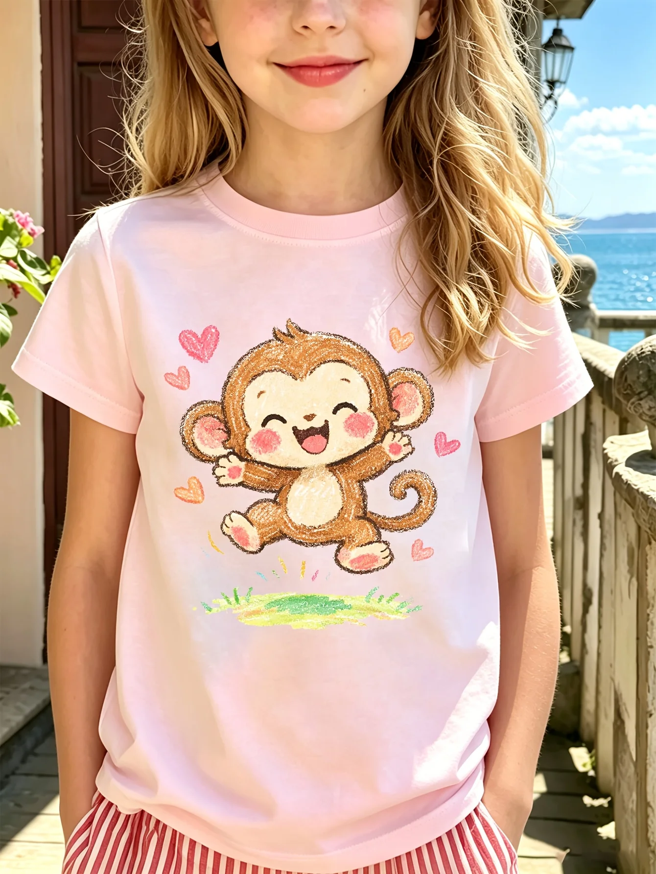 Cute Cartoon Monkey With Hearts Kid Tee Animal Love Graphic Print Boys Girls Family Matching Cotton Short Sleeve Children Tshirt