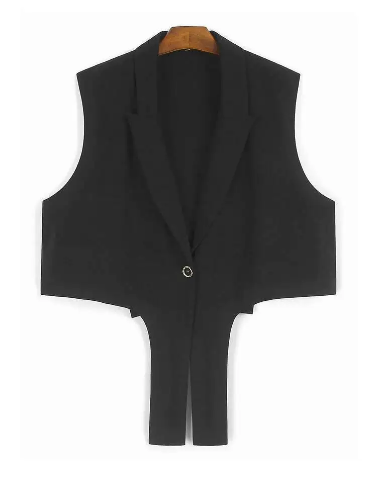 

Женский черный повседневный короткий элегантный жилет на одной пуговице большого размера, новый модный жилет без рукавов с лацканами, весна-осень