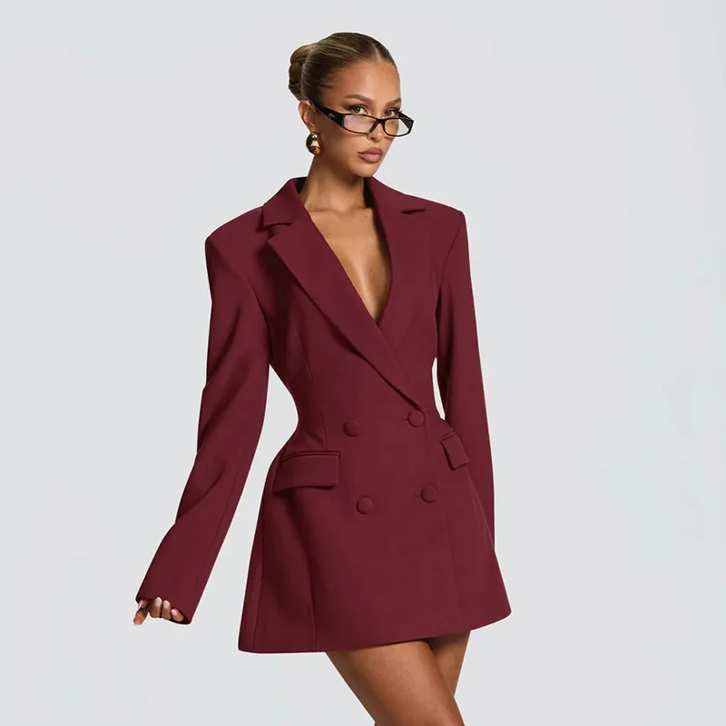 Neu eingetroffen: Elegantes Blazerkleid in Uni-Farbe mit tiefem V-Ausschnitt und tailliertem Schnitt für Damen – Detail 31