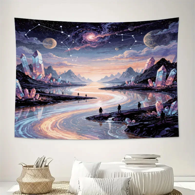 Cosmic Galaxy Tapestry Wall Hanging Abstract Crystal Landscape Starry Night Sci-Fi Space Decor Art Print for Home Living Room De