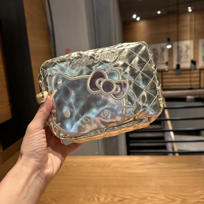 

hello kitty cosmetic bag cute cartoon cat PU gold and silver shiny leather portable makeup go out large capacity toiletry bag
