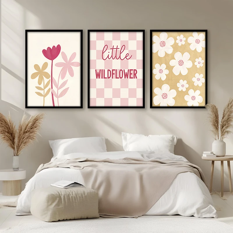 Boho Little Wildflower Canvas Wall Art Setn Pink Checkerboard Pastel Floral Poster for Girls Nursery Bedroom Wall Art Gift