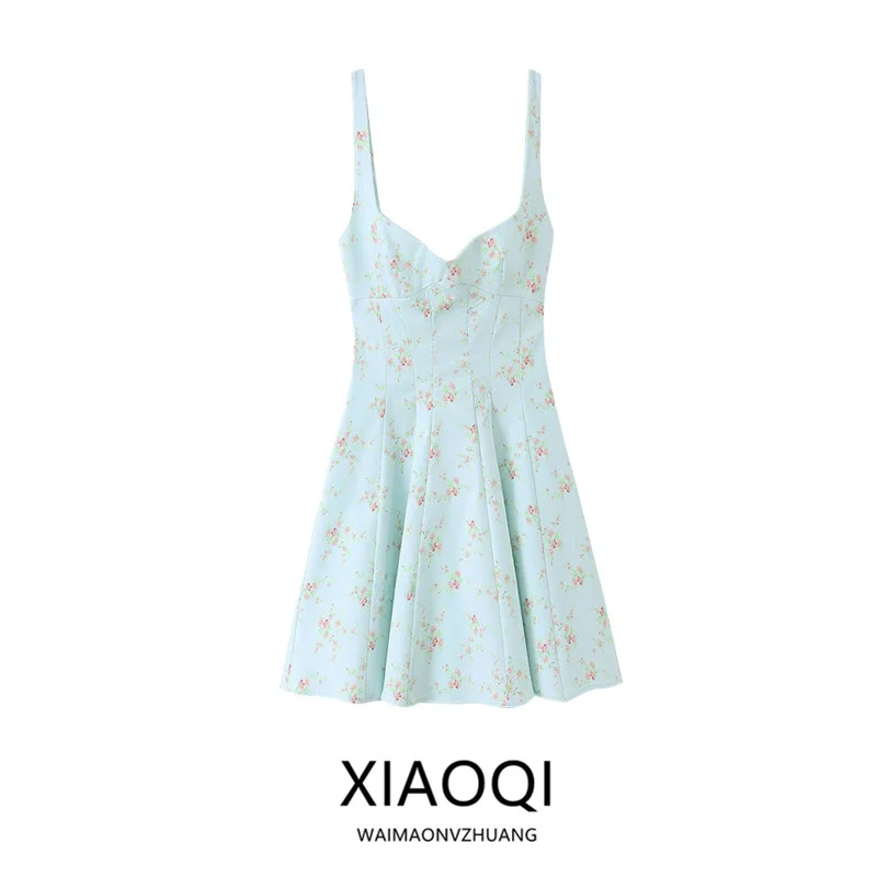 

Summer 2026 Women's Sweet Style Floral Print Dress Sleeveless V-Neck A-Line Skirt Design Casual Wear Short Strapless Gown