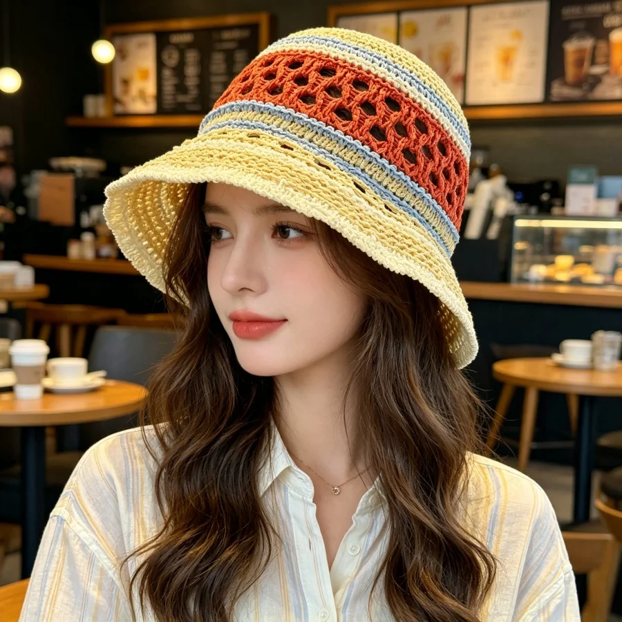 Retro Striped Hollow-Out Woven Fisherman's Hat, Lightweight and Breathable, Won'T Make You Sweat, Suitable for Shopping, Vacation, and Daily Sun Protection. Available in Multiple Colors, Soft Material, Foldable and Space-Saving
