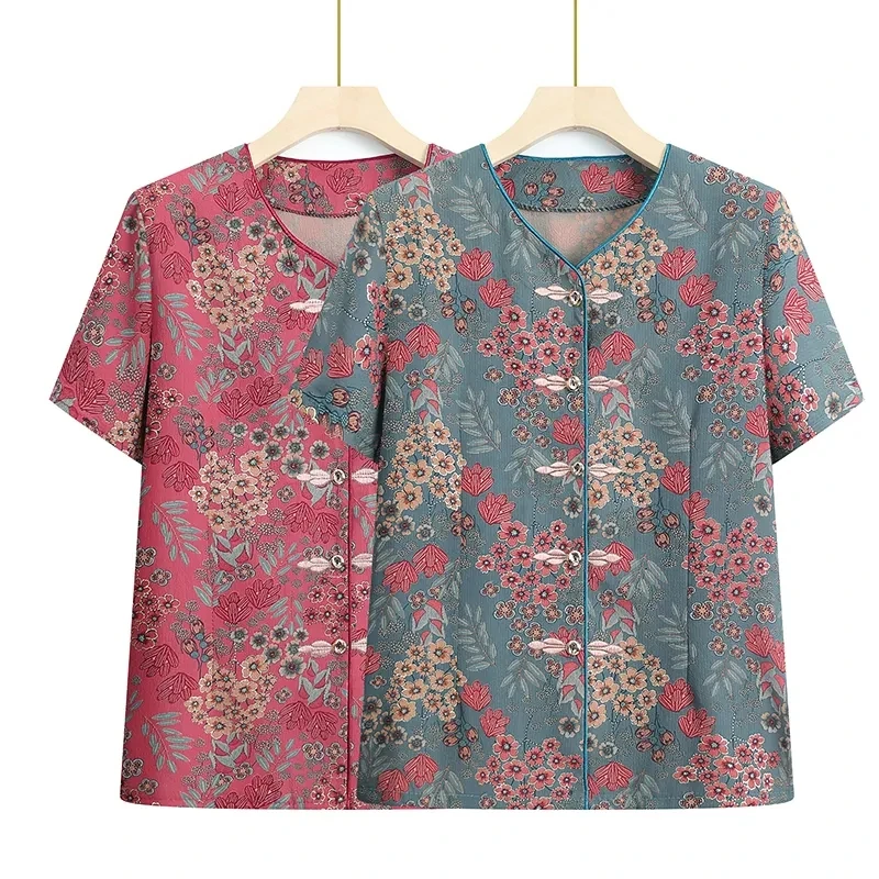 

Middle Aged Elderly Summet Short Sleeve Shirts Grandmother Sets Floral Cardigan Tops Tshirt And Pants 2PCS Mother Blouse XL-5XL