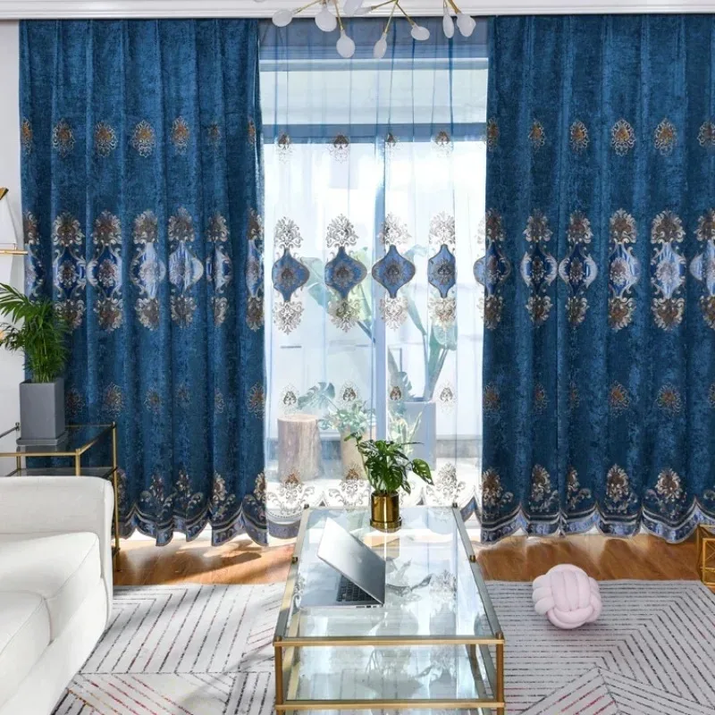 

Blue Chenille Embroidery Luxury Curtains for Living Dining Room Bedroom European Window Screen Finished Product White Tulle