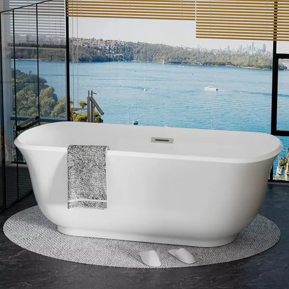 

67" Acrylic Freestanding Bathtub, Deep Contemporary Soaking Tub With Chrome Overflow and Pop Up Drain, Oval Shape Bathtub, White