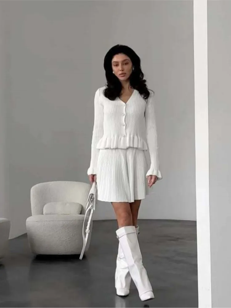 

Knitted New In Matching Sets Ruffles Two Piece Outfit 2 Pieces Set For Woman Solid Color Long Sleeves V-link Commuting All-match