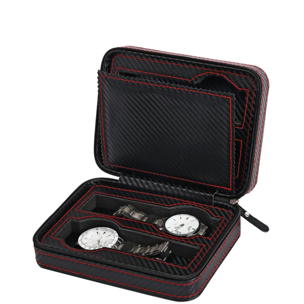

4 Slot Portable Carbon Fiber PU Watch Zipper Storage Bag Travel Jewlery Watch Box Bag Case Personalized Luxury Gift (