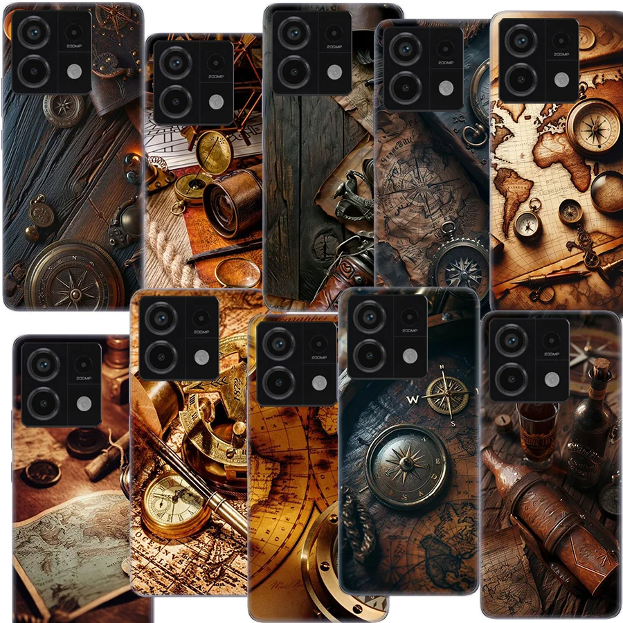 Ancient Maps Retro Compasses And Telescopes Clear Phone Case For Redmi Note 11 11S 11T 11E 10 Pro 10S 5G 9 9S 9T 8 8T 7 7A 6 6A