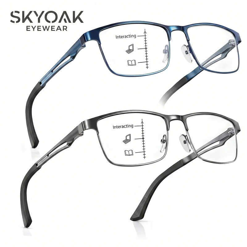 SKYOAK 2 Pack Unbreakable Progressive Reading Glasses for Men, Metal Full Frame Multifocal Blue Light UV400 Computer Readers