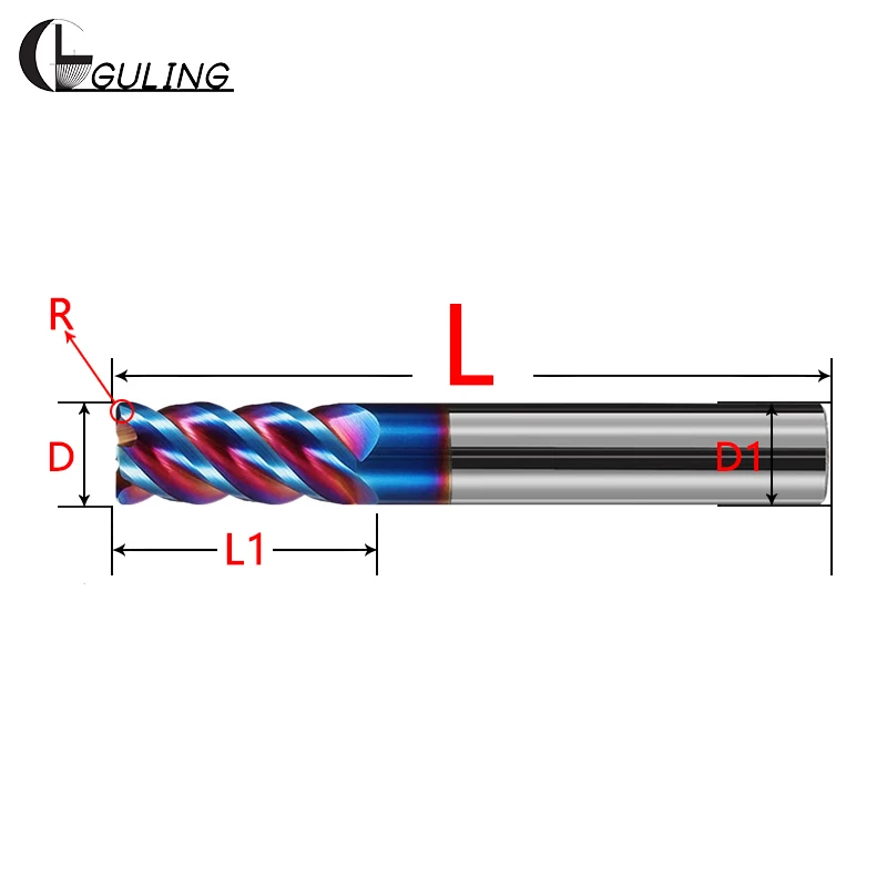 HRC56/65/70 Corner Radius End Mill 4 Flutes Tungsten Carbide Steel CNC R Bullnose Cutter Surface Machining Metal Router Tool