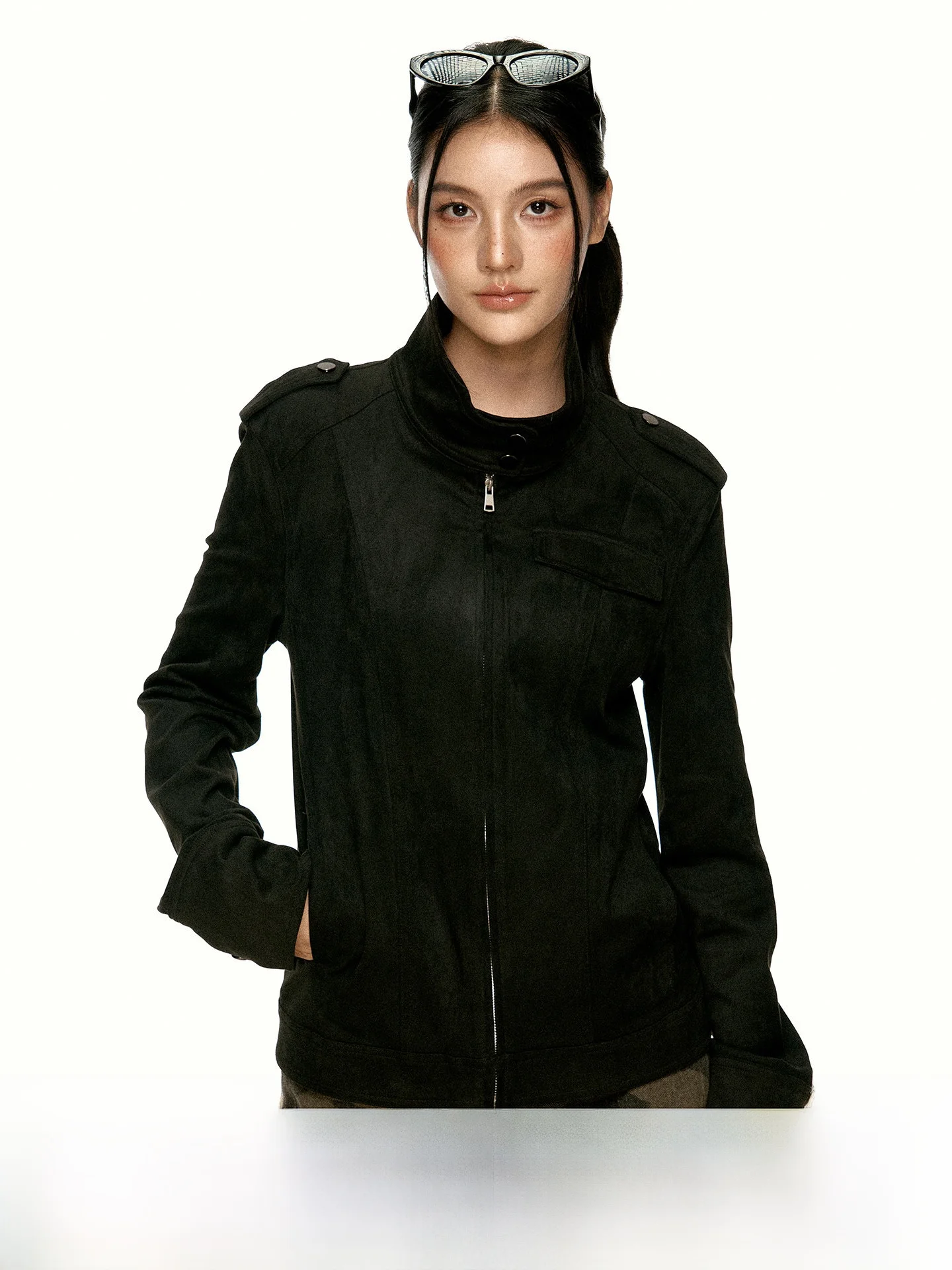 Aaisup American Retro Suede Short Jacket Women's Autumn Design Sense Shoulder Strap Versatile Slimming Zipper Jacket