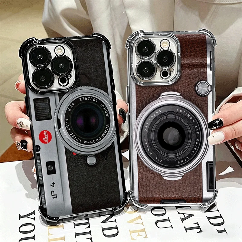 Coque de téléphone vintage classique à motif appareil photo avec placage pour iPhone 16 17 Pro Max Air 17E 16E 14 15 Plus 12 13 11 Protection anti-chute