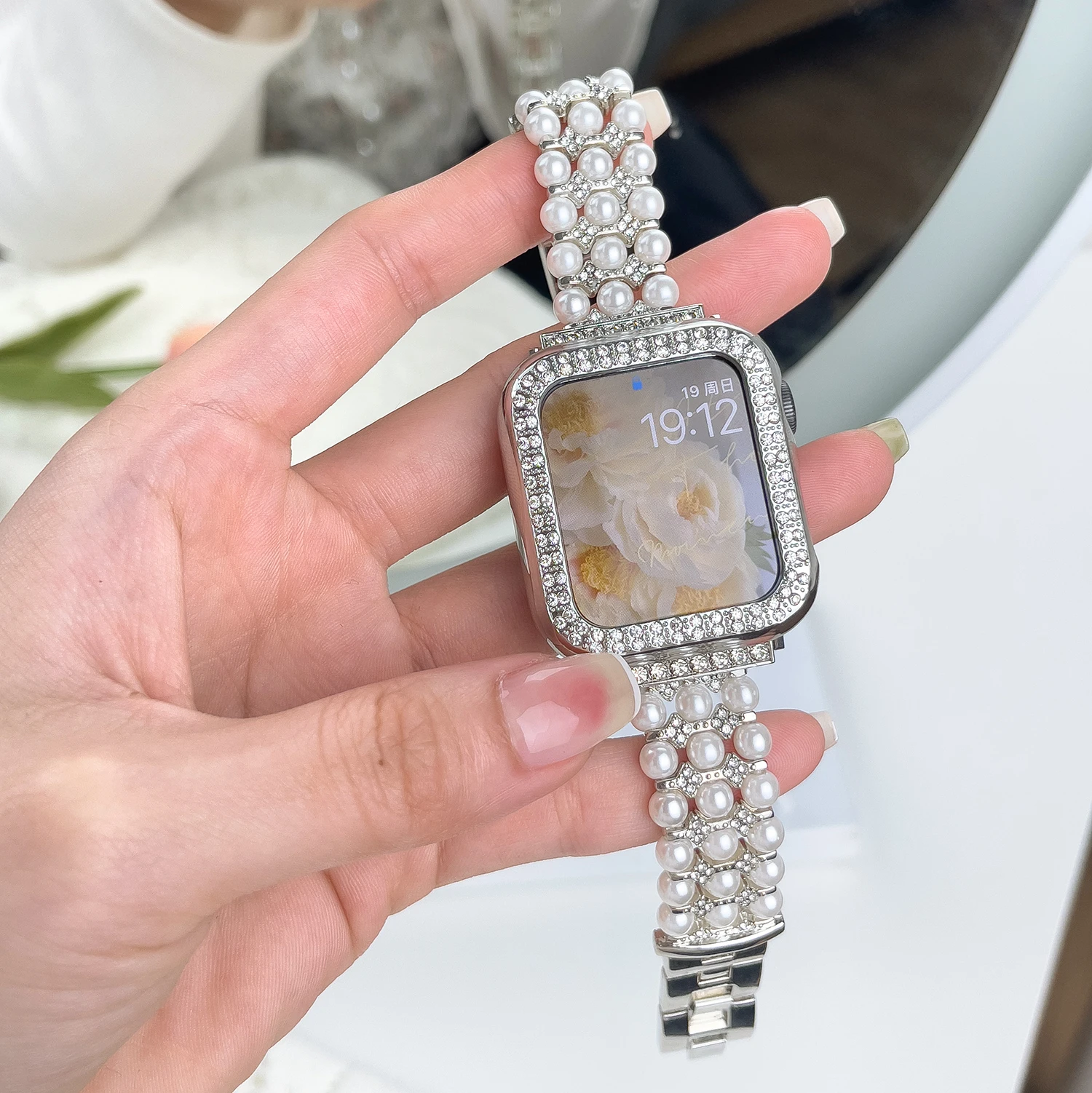 For Apple Watch Bands 49mm 45mm 41mm 40mm 44mm Women Pearl Metal Strap Diamond Protective Case for iWatch Ultra 8 7 6 5 4 3 SE