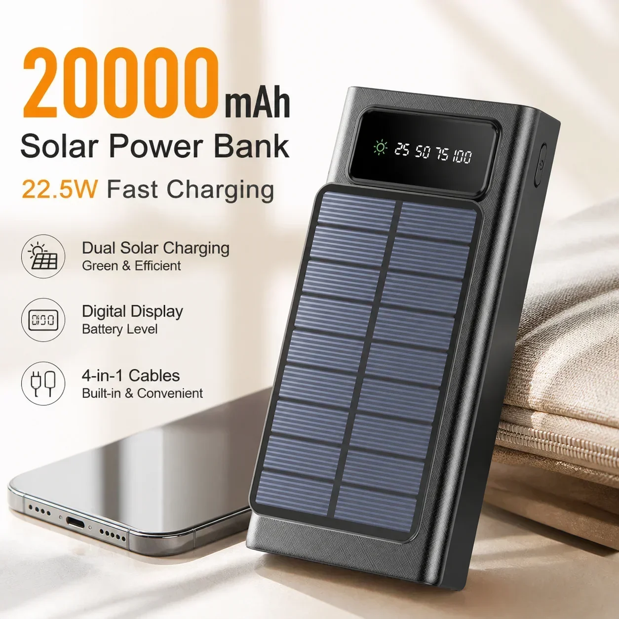 Batería externa portátil 20000 mAh con 4 cables integrados, pantalla digital y linterna LED