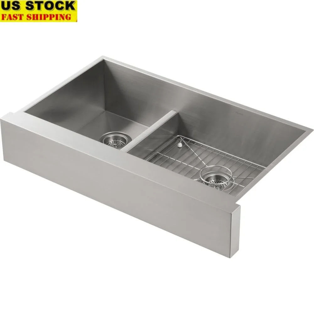 

Vault Double Bowl Stainless Steel Farmhouse Kitchen Sink Undermount Installation 9 Inch Deep Smart Divide Rear Drain Silent