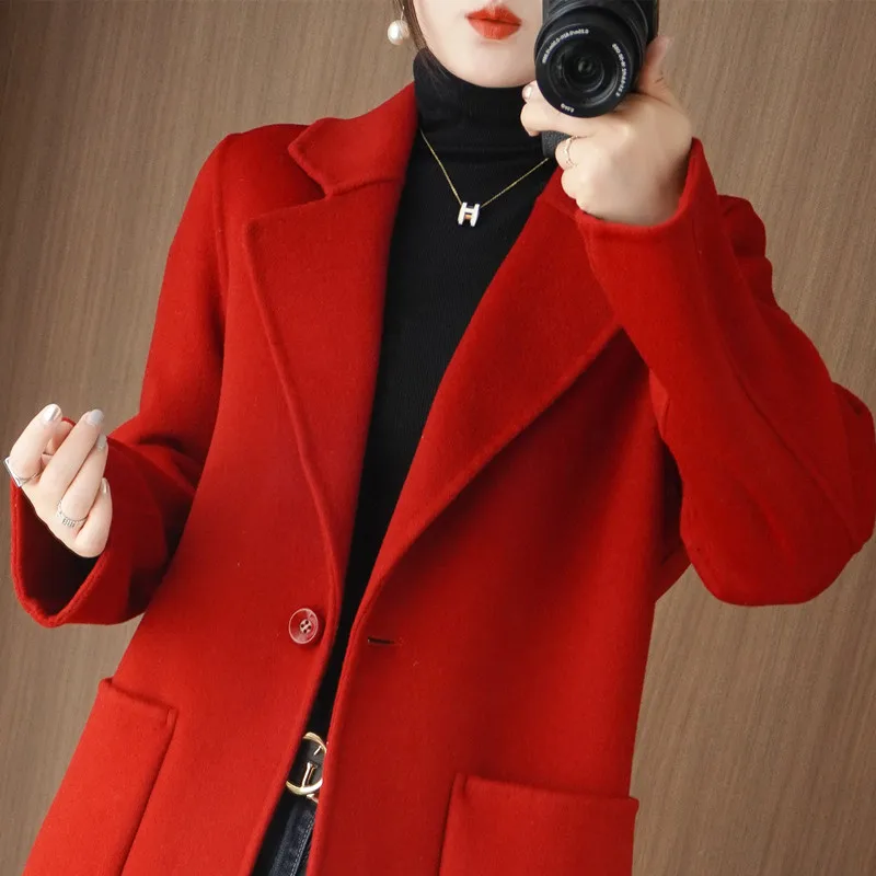 2024 Autumn/Winter New High-end Double sided Cashmere Coat Women's Fashion Slim Temperament Mid length 100% Wool Coats Female