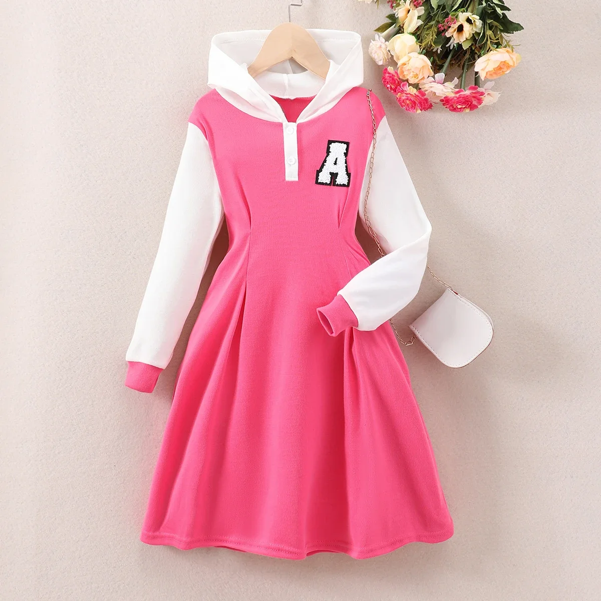 Girls Dresses 2024 Autumn Winter Long Sleeve Hooded Contrast Color Casual Simple for 8 9 10 11 12 Years