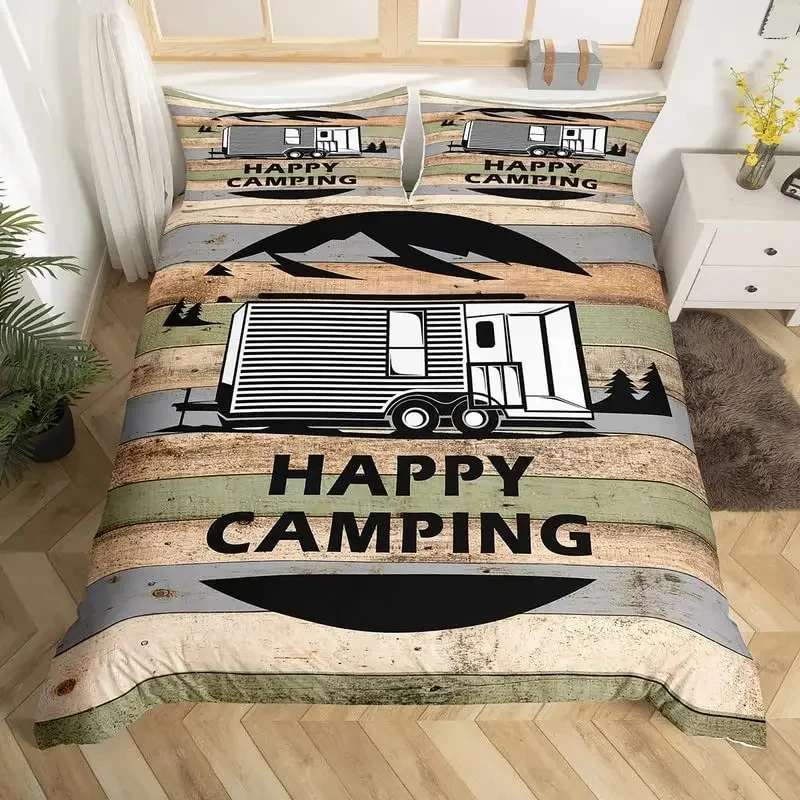 

Camper Bedding Set Kids Happy Camping Duvet Cover Set Microfiber RV Camping Quilt Cover Camper Accessories For Travel Trailers
