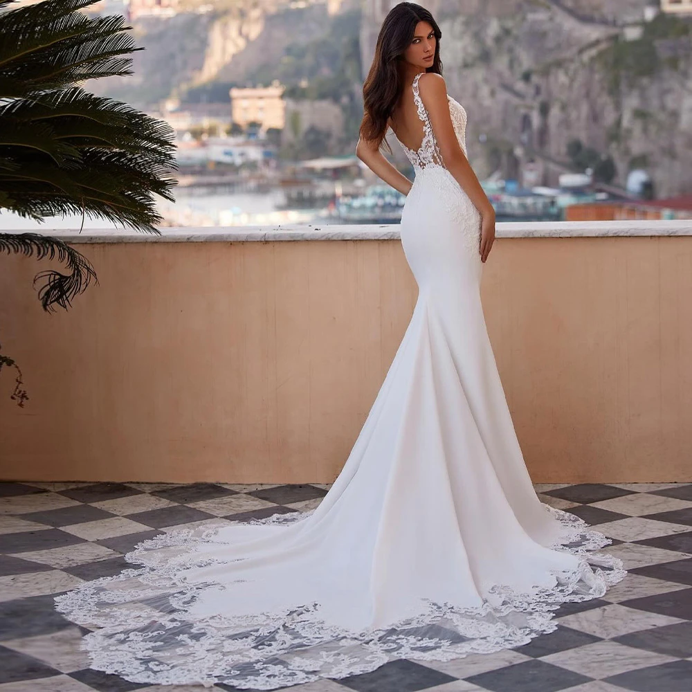 Personalizado boho branco cetim vestido de casamento elegante com decote em v sem mangas vestidos de noiva sonhador sereia tribunal trem novia