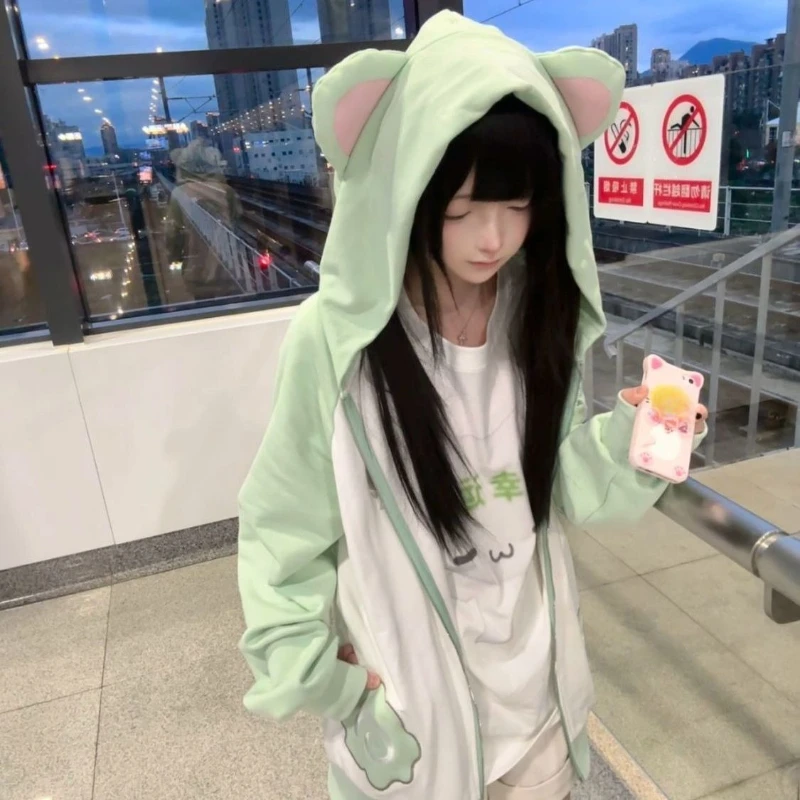 Y2k Harajuku Vintage dulce niñas sudaderas con capucha Japón Kawaii estampado de dibujos animados de manga larga con capucha cremallera abrigos mujeres Linda chaqueta elegante de los años 2000