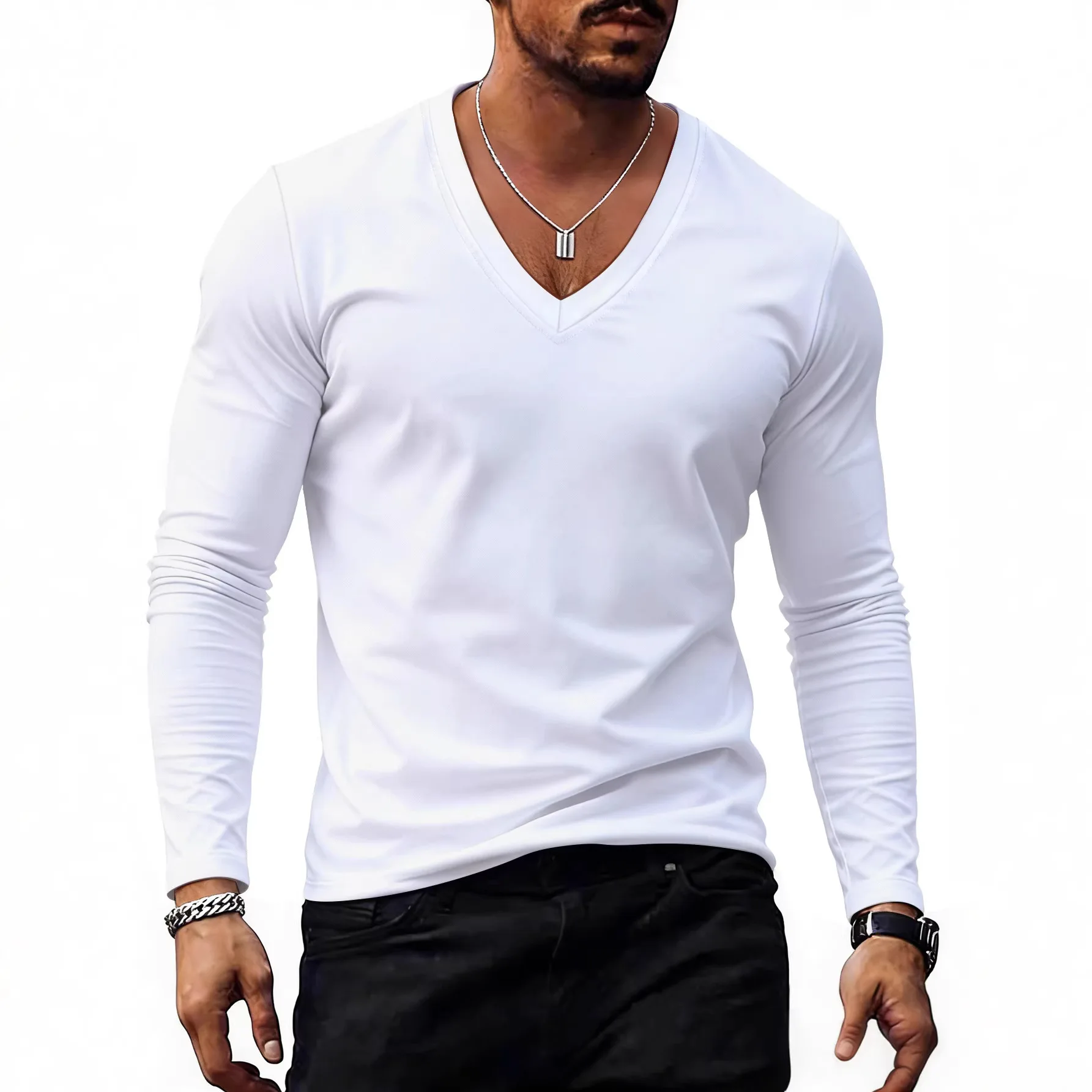 White Solid Color Basic Slim Men Cozy T-shirt Spring Autumn Bottoming Shirt Men V-neck Casual Fitness Tops Long-sleeve Shirts