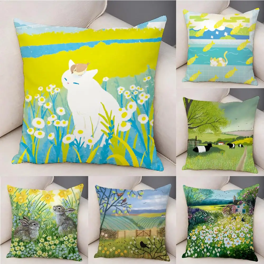 

Springtime Rural Plants Wildflower Cushion Cover Natural Linen Organic Fabric Double-Sided Printing Breathable For Decor